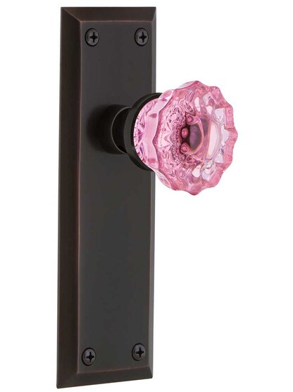 New York Door Set with Colored Fluted Crystal Glass Knobs Pink in Timeless Bronze.